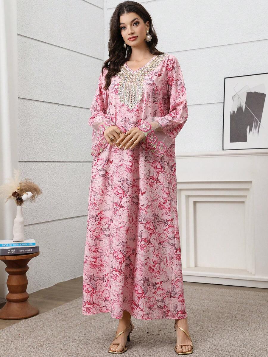 女士花卉印花钩编拼接长袖长袍，优雅A字型卡夫坦长袍，适合晚宴、婚礼宾客、周年纪念、春假日常穿着 - 彩色 - 查看 1