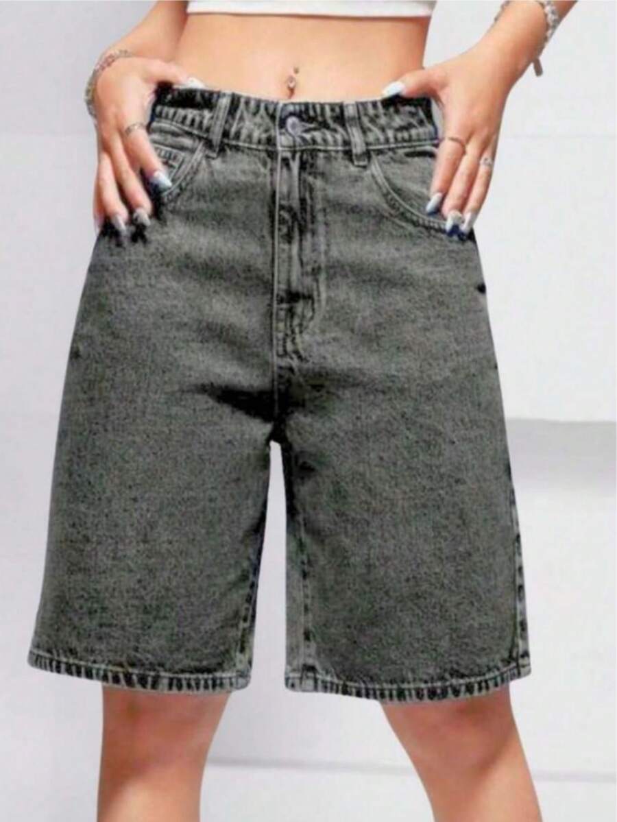 Women's Denim Shorts, High-Waisted, Black Marbled Gray, Summer Fashion - 灰色 - 查看 1