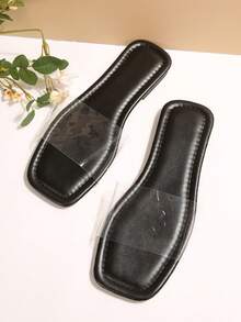 Damen Mode Quadratische Zehenpartie Geraffter Flacher Sandale, Weite Passform, Strass Verzierung, Urlaubsstil, PU Braune Slide Sandalen - Schwarz - Übersicht 7