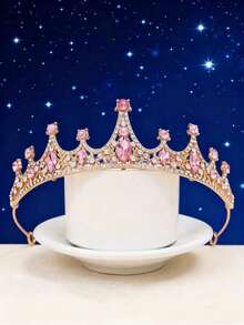 1pc Women's Fashion Princess Crown Rhinestone Headband, Sweet Birthday Hair Accessory, Bride To Be, Party, Tiara - 4212 Pink - View 1