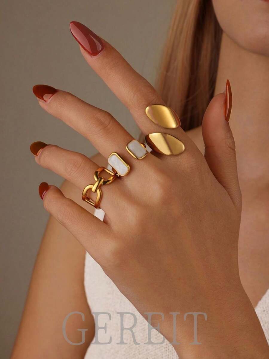 GEREIT Bộ 3 chiếc nhẫn hở hình vuông bằng thép không gỉ 18K, thiết kế đan chéo, thích hợp cho nữ đeo hàng ngày, quà tặng Ngày của Mẹ. - Nhiều màu - Xem 1