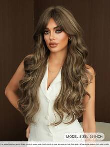 7JHH WIGS Linen Brown Mix Blonde Highlights Wig Long Loose Wavy Wig Middle Part With Curtain Bangs Natural Looking Synthetic Heat Resistant Fiber Hair Wigs For Women Daily Party Rave Use 26 Inch - Linen Brown - View 5
