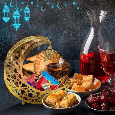 1件套精美月亮、星星、枣椰、棕榈树装饰铁盘，中东小吃盘、餐盘，月亮和星星节日装饰