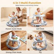 Safety-Enhanced 4-In-1 Grow-With-Me Baby Walker & Play Center - Adjustable 8 Heights, Anti-Tip Base, 8 Silent Brake Wheels + Foldable Frame (Learning, Snack Seat, ) - Rabbit Pattern - View 8