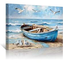 Arte de pared de lona costera PBXBJY, decoración de baño, impresiones de imágenes de barco de gaviota en la playa, pintura abstracta de paisaje marino, imagen rústica de océano azul, obra de arte moderna junto al mar. x .) - transparente - Ver 7