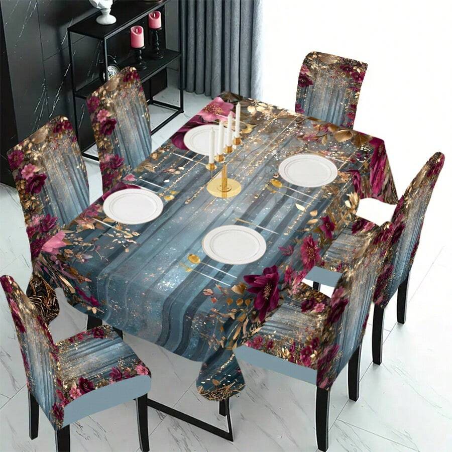 1/4/5/6/7/36件套春夏系列大牡丹花图案椅套/坐垫套装，饰以金色叶子、流苏链和亮片印花，适用于室内家居、餐厅、酒店，是现代日常装饰的理想之选。桌布适用于方形餐桌，弹性椅套可水洗。 - 彩色 - 查看 1