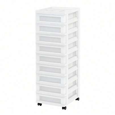 9-Drawer Narrow Plastic Storage Drawer Cart With Organizer Top, White