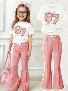 Tween Girls' Numeric Print Short Sleeve Top And Flare Pants Casual Outfit - White - View 1