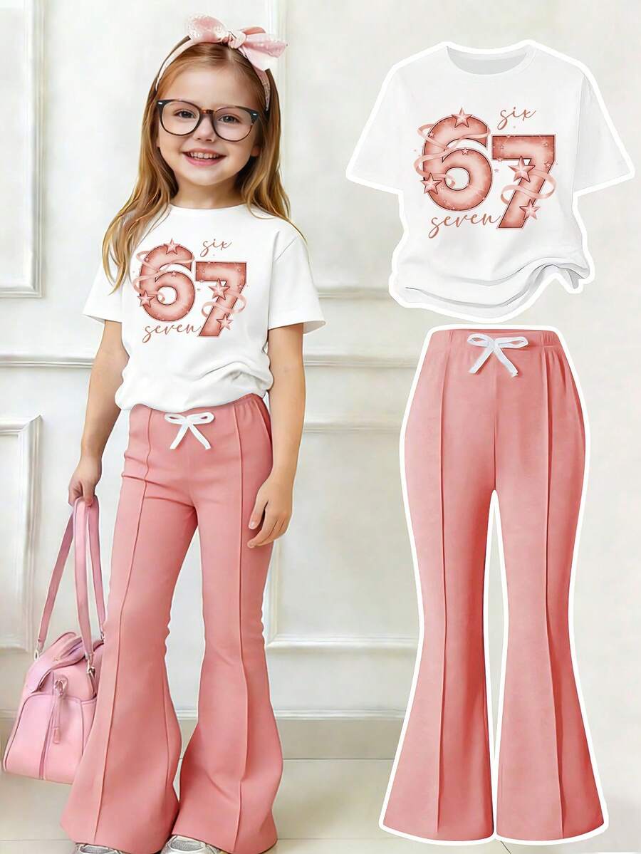 Tween Girls' Numeric Print Short Sleeve Top And Flare Pants Casual Outfit - White - View 1