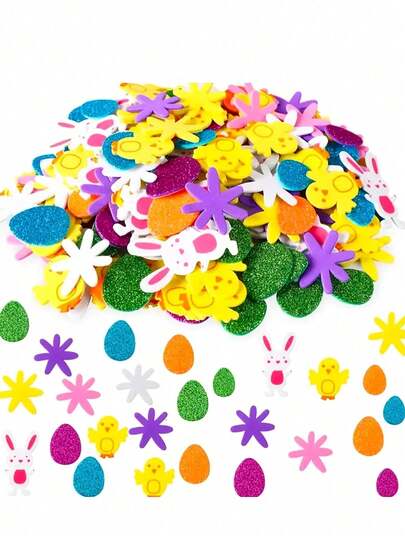 100pcs Easter Egg, Rabbit & Chick Shaped Foam Stickers, Animal Shaped Self-Adhesive Stickers, EVA Foam Stickers, Glitter Stickers, Suitable For Holiday Party Decoration, DIY Crafts, Home Decor, Gift Decoration, Easter Party Decoration