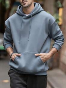 Men's Solid Color Drop Shoulder Long Sleeve Drawstring Pocket Casual Hoodie, Autumn/Winter, Back To School Season - Baby Blue - View 3