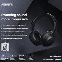 Remax RB-660HB頭戴式藍牙5.0/3.5mm音響線伸縮支臂音樂耳機 - 黑色 - 查看 2