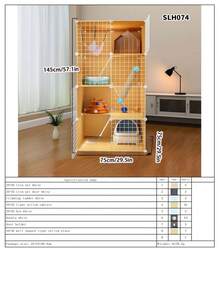 Yellow Cat Cage, Wooden Cat Villa, Freestanding Pet Cage With Iron Wire, Home Cat House