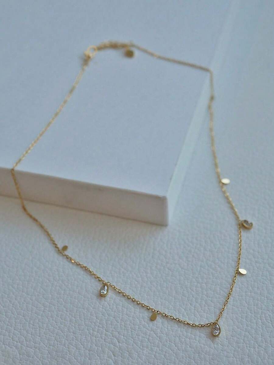 1件超闪亮不锈钢锆石水滴流苏项链，女士金色锁骨链，适合作为送给妈妈、女朋友、情人节的珠宝礼物 - 金黃色 - 查看 1