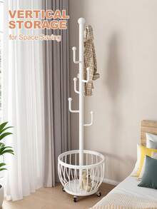 Tree Coat Rack Stand With Clothes Basket, Sturdy Freestanding Coat Rack, Purse Rack Hat Rack Stand, Clothes Rack With Metal Frame, Bedroom Storage Organizeration, Home Decor, Morden Style, Coat Stand Fits Entryway Bedroom Office For Bags, Hats - 白色 - 查看 2