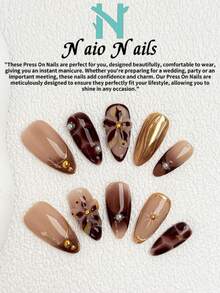 NAIO 10 sztuk/zestaw. Naklejki na paznokcie Almond Handmade Nails Y2K Baddie Style, w kolorach nude, złotym i brązowym, z francuskimi brzegami, trójwymiarowymi rzeźbionymi kwiatami i francuskimi wzorami ze stopu chromu, zdobione złotymi i perłowymi zdobieniami. Odpowiednie dla kobiet i dziewcząt, idealne na imprezy i na co dzień. W zestawie zestaw narzędzi do zdobienia paznokci. Piękny prezent dla kobiet i dziewcząt. - Wielokolorowe - Zobacz 4