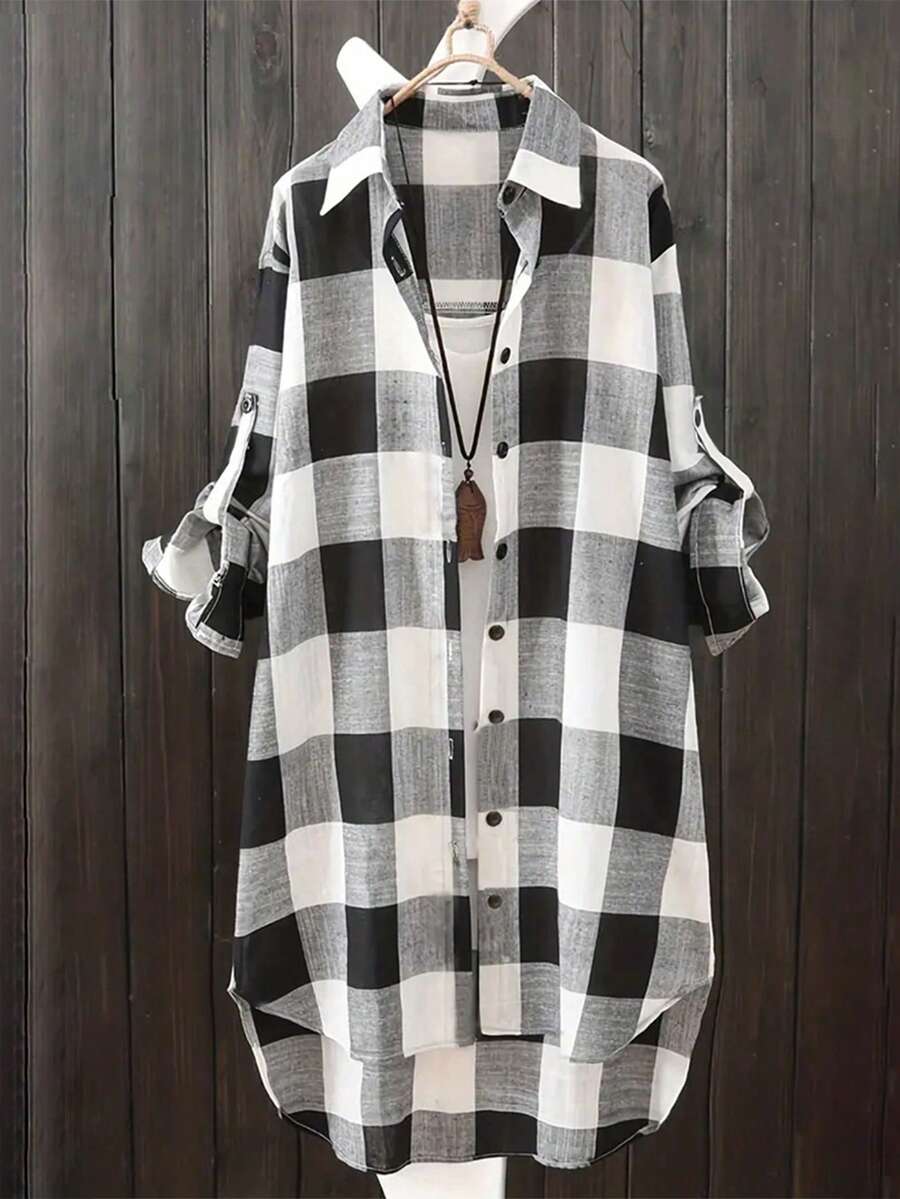 Buffalo Plaid High Low Hem Shirt Without Tee - Multicolor - View 1