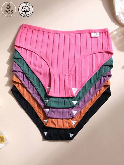 5 PCS Women's Cotton Panties Low Waist Seamless Briefs Ribbed Solid Color Comfortable And Breathable Sports Underwear