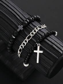 3pcs Simple Fashion Punk Style Cross & Volcanic Stone Beaded Bracelet Set, Suitable For Men, Couples, Vacation, Date, Daily, Party, Wedding, Gift For Dad, Boyfriend, Valentine's Day - Multicolor - View 6