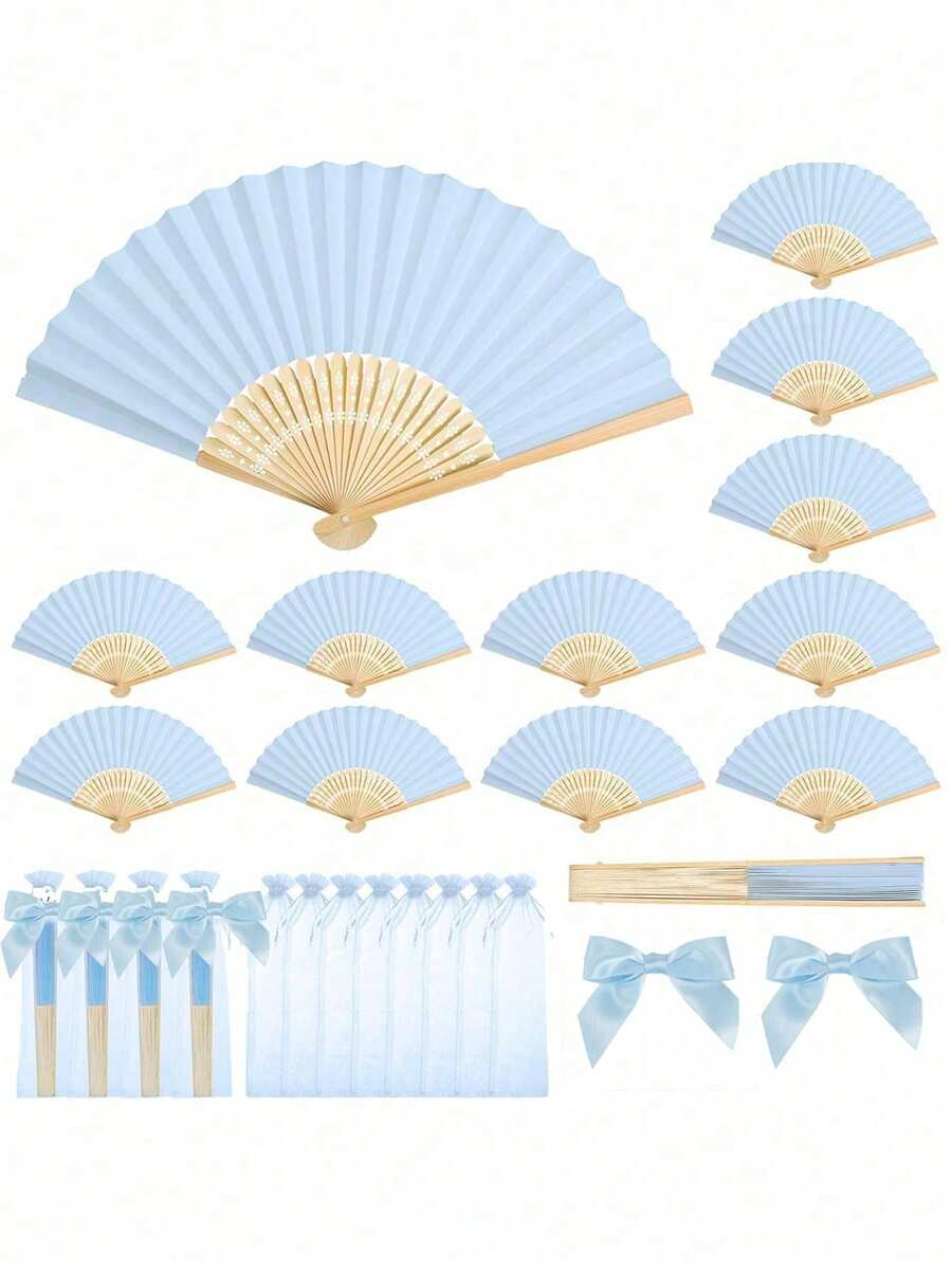 1/3/9件套优雅折扇套装，包含领结和礼品袋，新娘竹制手持折扇，适合作为伴娘礼物和婚礼装饰，也是派对、活动和夏季配饰的完美之选。 - 彩色 - 查看 1