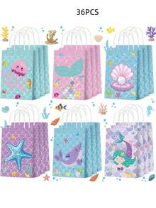 6/12/18/24/30/36个装美人鱼主题派对礼品袋，带提手，珍珠美人鱼礼品袋，海底美食礼品包装袋，适用于生日派对装饰用品、零食礼品包装手提袋