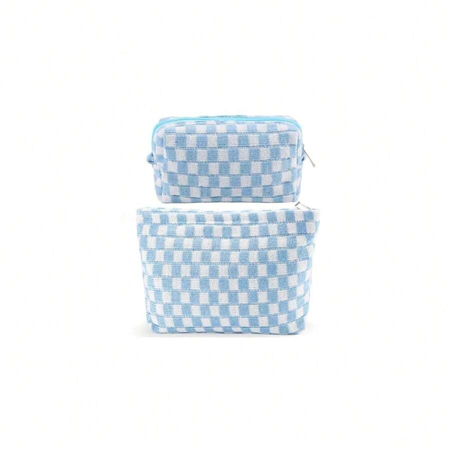 ZLFSRQ 2Pcs Checkered Makeup Bag For Women Large Small Checkered Cosmetic Bag Set Aesthetic Preppy Pencil Case Cute Pencil Pouch Blue Makeup Pouch For Purse Travel Toiletry Bags Zipper Skincare Bags - B-格子2件裝混藍色 - 查看 1