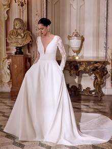 Vintage Long Lace Sleeve Deep V Satin Ball Gown Wedding Dress With Train, Wedding Dresses For Bride, Elegant And Comfortable, Includes Plus Sizes, Bridal Gown, Formal Dresses For Women, Suitable For Wedding, Party, Vacation, Bride, Formal Occasions, Dinner Dress, Prom Dress, After-Party Dress, Homecoming Dress, Cocktail Party, Birthday Party, Celebration, Gala, Festival, Ceremony - trắng - Xem 1