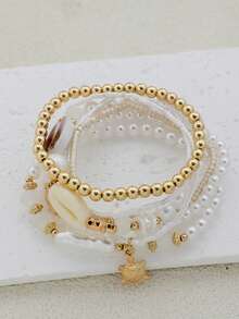 7件套时尚贝壳、珍珠和海星串珠叠戴手链套装，波西米亚风可叠戴设计，适合女性，海滩度假休闲佩戴，沙滩饰品礼品 - 彩色 - 查看 3