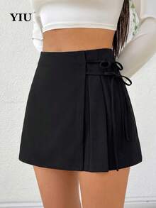 YIU Women's Cute Black A-Line Mini Skirt, Elegant Tie-Up Design, Made Of Stretchy Knit Fabric, Easy To Create Fashionable Summer Look - Black - View 2