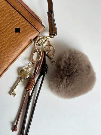 Stylish And Sophisticated Metal Heart And Letter Keychain With Fluffy Heart And Gold-Brown Leather Braided Strap Bag Charm, Blue And Silver Leather Braided Strap With Keychain, Car Keychain, Autumn/Winter Style Keychain, Bag Accessory, Bag Pendants,Bag Chain,Bag Charms,Bag Decoration Keychain,Bag Accessories