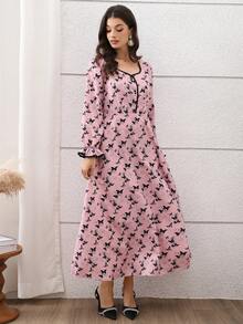 Solessence Butterfly Print Color Block Button Front Dress, Suitable For Home, Wedding, Formal Occasions, And Daily Wear - Pink - View 5