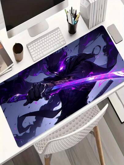 Large Gaming Office Desk Mat - Non-Slip Rubber Base, Purple Sword Design With Glowing Purple And Anime Character, Durable Keyboard Pad, Suitable For Computer, Laptop, Home/Office Use, Washable Surface, Also Can Be Used As Keyboard Pad, Desk Mat Or Book Stand