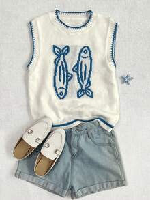 Camiseta de punto sin mangas con estampado de peces y ribete de color contrastante, para mujer, estilo casual de vacaciones, primavera/verano, color blanco - Blanco - Ver 5