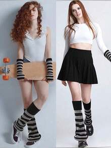 Bộ 2 món gồm tất giữ ấm chân và tay kẻ sọc họa tiết ngôi sao phong cách Y2K dành cho nữ: 1 đôi tất giữ ấm chân + 1 đôi tất giữ ấm tay, thích hợp cho lễ hội Carnival, cosplay anime, phụ kiện khiêu vũ co giãn, ống tay và chân dệt kim. - sọc - Xem 6