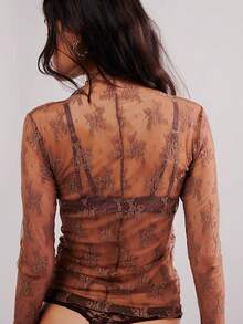 Wild Summer Black Mesh Sheer Lace Country Western Music Festival Women's Tops Western Women's Concert Women's Hippie Western Women's Rave - 棕色 - 查看 5