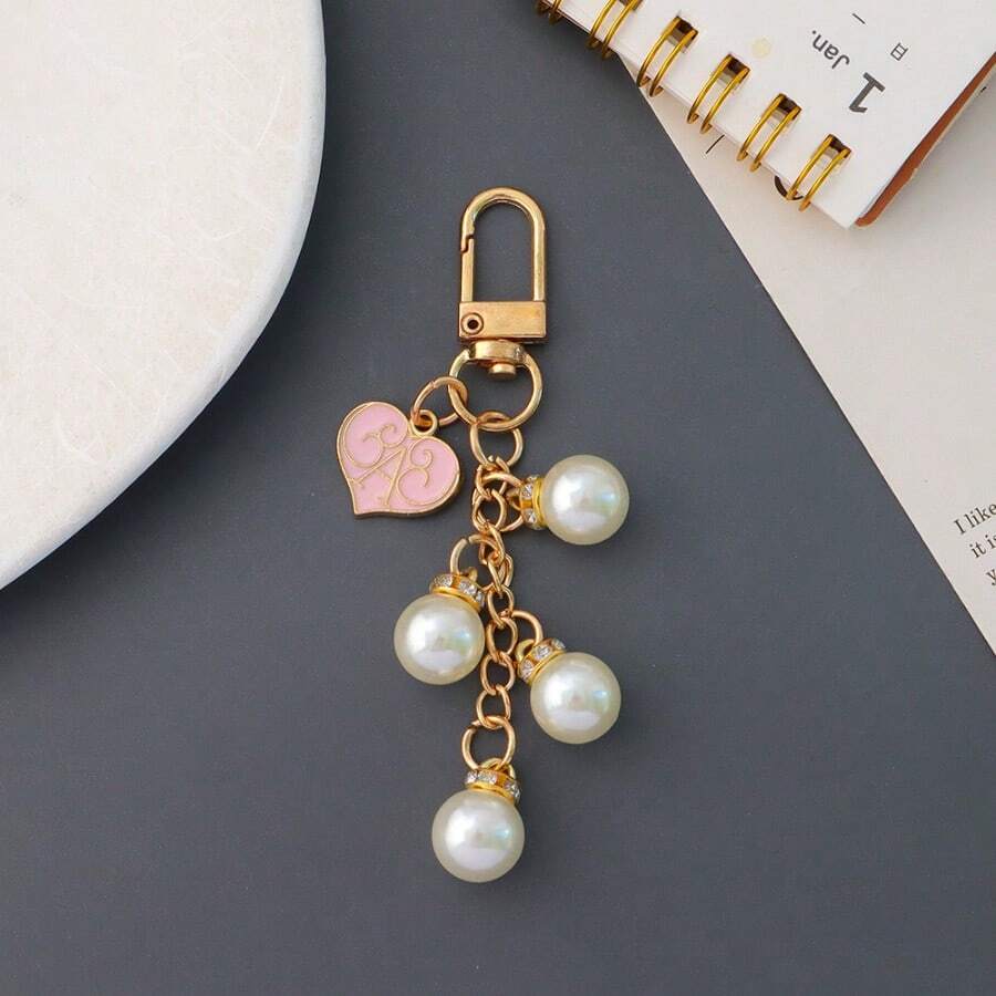 AD 时尚珍珠心形钥匙扣，配贝壳吊坠和珍珠流苏——少女心配饰，完美礼物 - 珍珠流蘇鑰匙鏈 - 查看 1