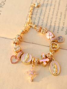 1条耶稣十字架宗教手链，1条樱花心形宗教手链，1条LOVE字母纪念手链，1条十字架天使心形手链，1条漩涡手链 - 金色 - 查看 8