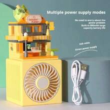 Ventilador de escritorio con vista a la calle, bloques de construcción, ensamblaje hecho a mano, bricolaje, silencioso, carga USB, pequeño ventilador, regalo creativo, divertidos bloques de construcción de dibujos animados, ventilador de escritorio, ventilador pequeño de tres velocidades, bricolaje, ensamblaje de partículas pequeñas, bloques de construcción, regalo creativo - Amarillo - Ver 2