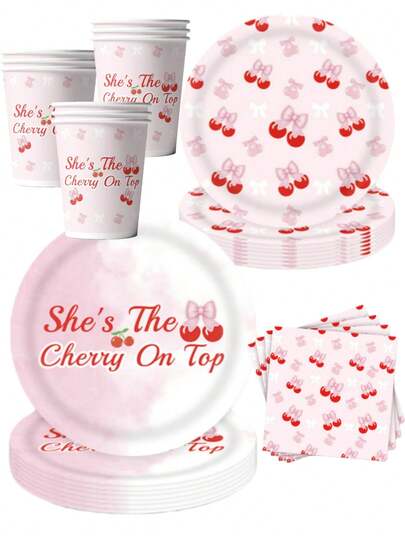 50Pcs She's The Cherry On Top Pink Girly Party Supplies Set - Cute Cherry & Bow Pattern Disposable Paper Plates Cups & Napkins | Festive Tableware For Girls' Sweet Birthday Celebrations & Bridal Shower Gatherings | Soft Pink Decor For Home Party Favors & Feminine Themed Celebration Essentials