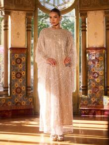 Faeriesty 阿巴雅奢华珠饰亮片正式礼服 - 宽松长袖连衣裙，饰有波浪形珠饰边 - 完美适用于婚礼、盛大晚宴、红毯和春季正式庆典派对 - 香檳色 - 查看 8