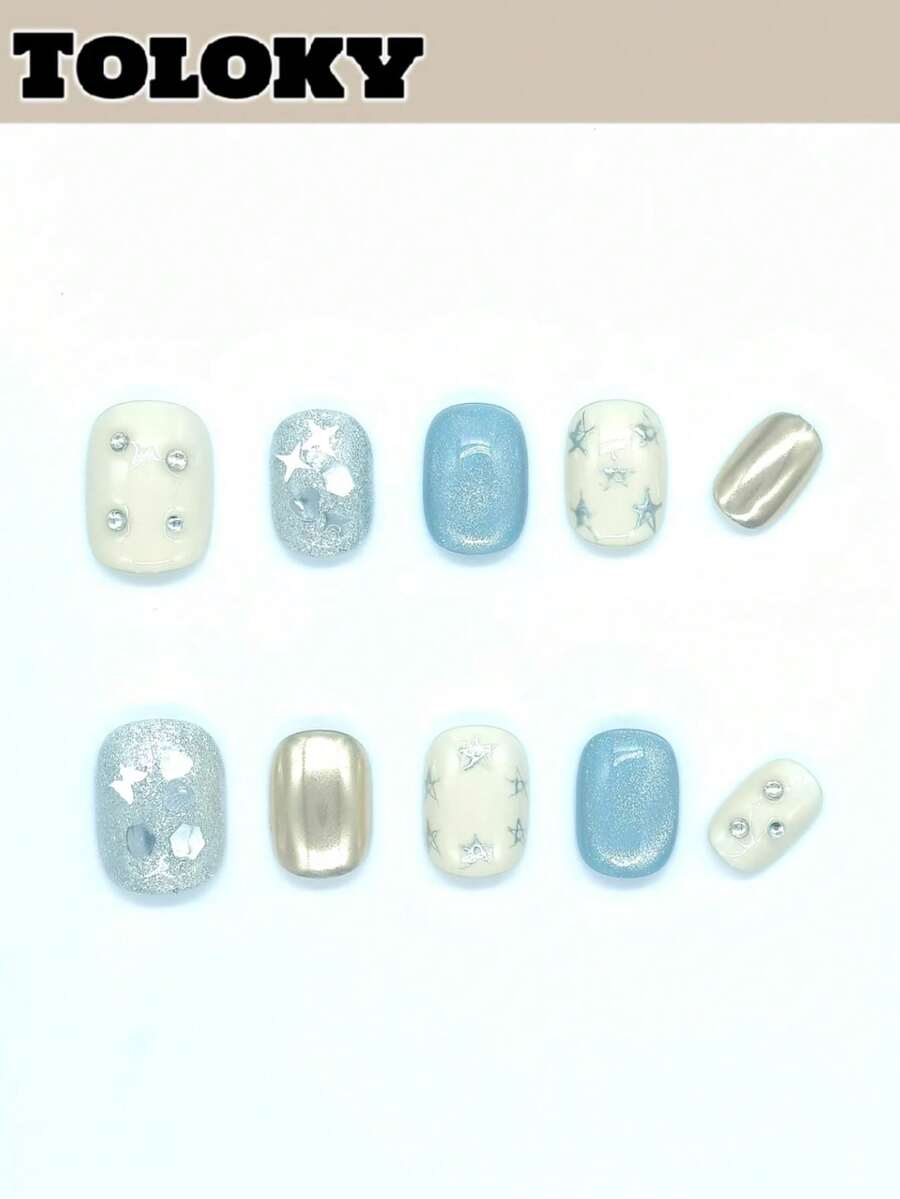 10pcs High Quality Square Short Blue Nail Stickers, With 3pcs Nail Tools, Nail Glue And Other Nail Art Supplies, Suitable For Women And Girls To Wear For Party, Travel, Daily Use, School And More, Summer Nails, Travel, Vacation, Music Festival - Multicolor - View 1