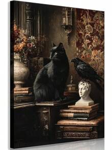 Arte de pared retro de gato negro y cuervo, estilo sombrío, pintura de academia oscura victoriana, decoración de pared, póster de libros y estatuas góticas para galería, sala de estar, biblioteca, librería - transparente - Ver 8
