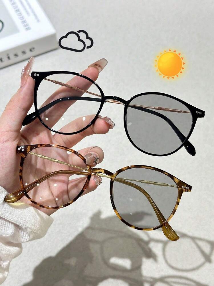 2pcs Y2K Chic Leopard Print Plastic & Metal Round Chameleon Glasses, Suitable For Outdoor Travel, Driving, Fishing, Camping And Other Leisure Activities, Fashion Accessory, Fits All Face Shapes - 2pcs Black Leopard Print - View 5