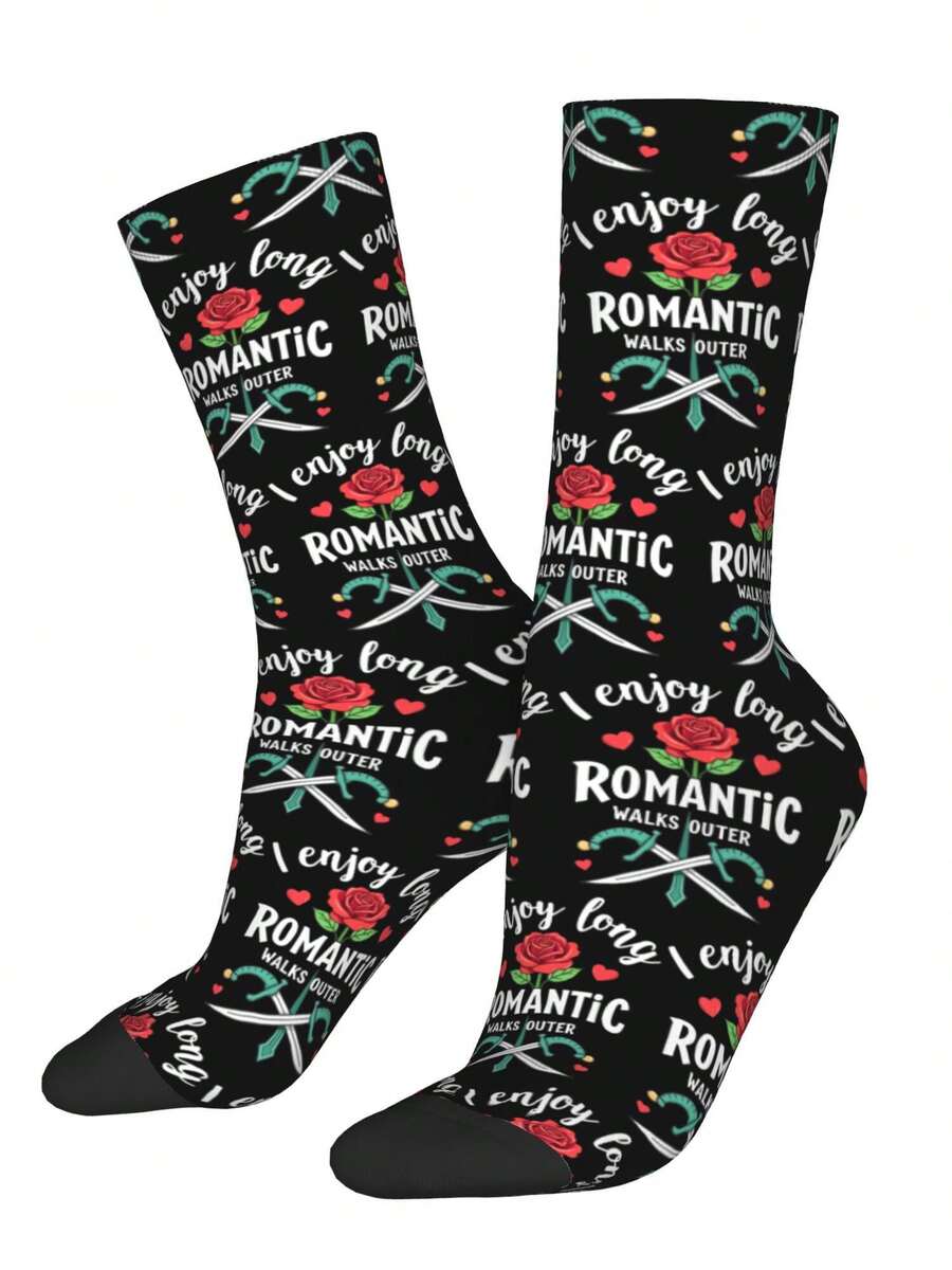 1 Pair I Enjoy Long Romantic Walks Outer Walter 2 For Men & Women 3D Digital Printed Athletic Socks, All-Season Comfort For Fitness, Sports Travel & Casual Attire Matching Couple Gift For Birthdays, Weddings - 黑與白 - 查看 1