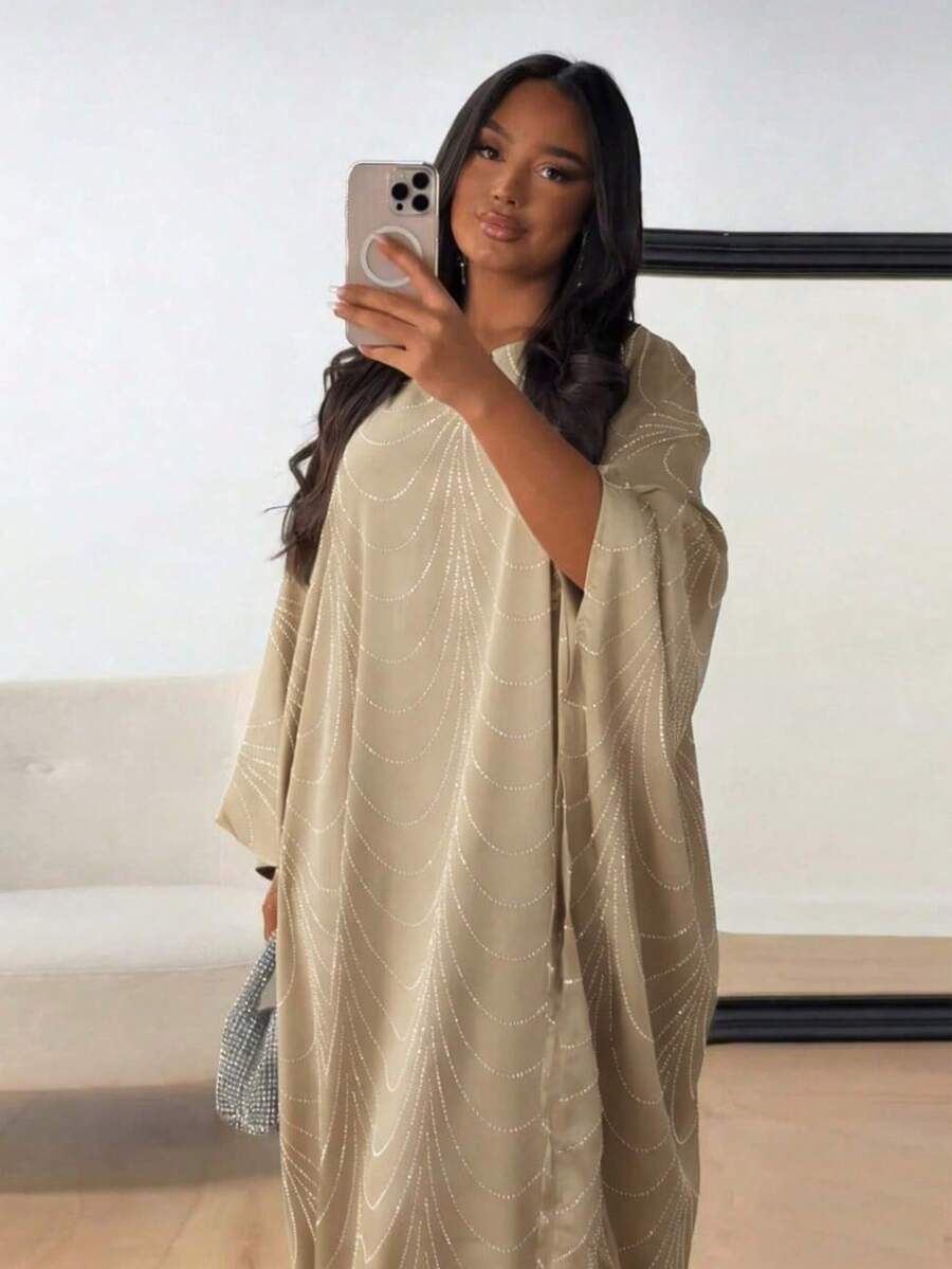 2025 Spring/Summer New Fashion Loose Rhinestone Abaya Cardigan Robe For Women - Khaki - View 1