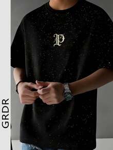 GRDR 男士闪亮星星印花圆领短袖T恤，白色星空休闲百搭上衣，透气吸湿舒适 - 黑色 - 查看 1