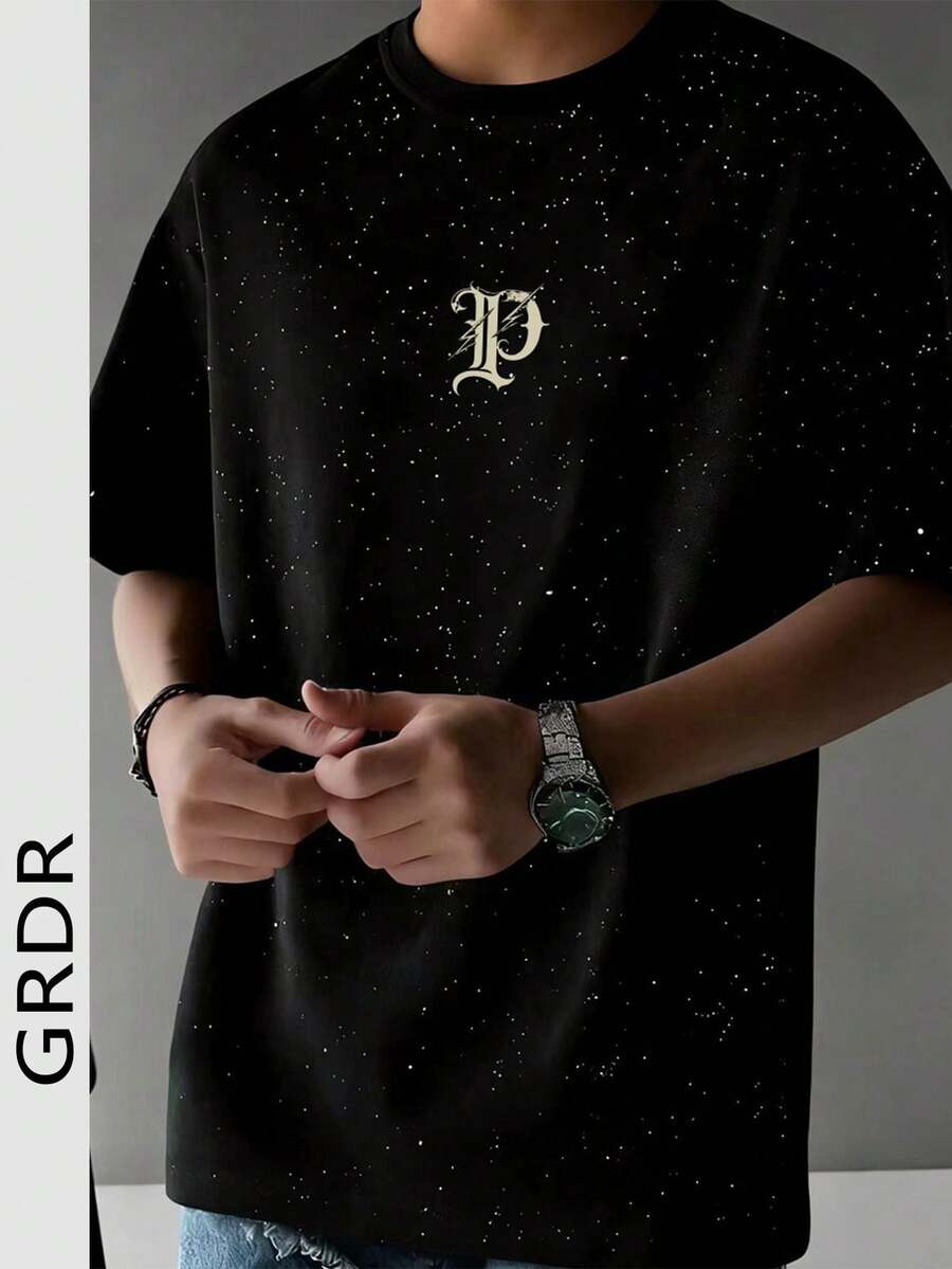 GRDR 男士闪亮星星印花圆领短袖T恤，白色星空休闲百搭上衣，透气吸湿舒适 - 黑色 - 查看 1
