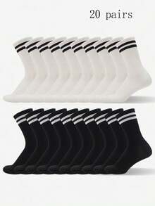 6双/15双/20双装条纹中筒袜，黑白双条纹纯色运动休闲舒适透气，男女通用长袜，白色/黑色/灰色可选，适合日常穿着、运动，四季皆宜。 - 彩色 - 查看 12