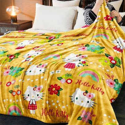Sanrio 1pc Hello Kitty Cartoon Pattern Digital Printed Flannel Blanket, Versatile Cartoon Design, Suitable For All Seasons, Living Room, Bedroom, Leisure, Warm Blanket, Office Throw