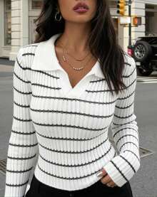 美式條紋長袖修身針織底層T恤 女款 - 白色 - 查看 3